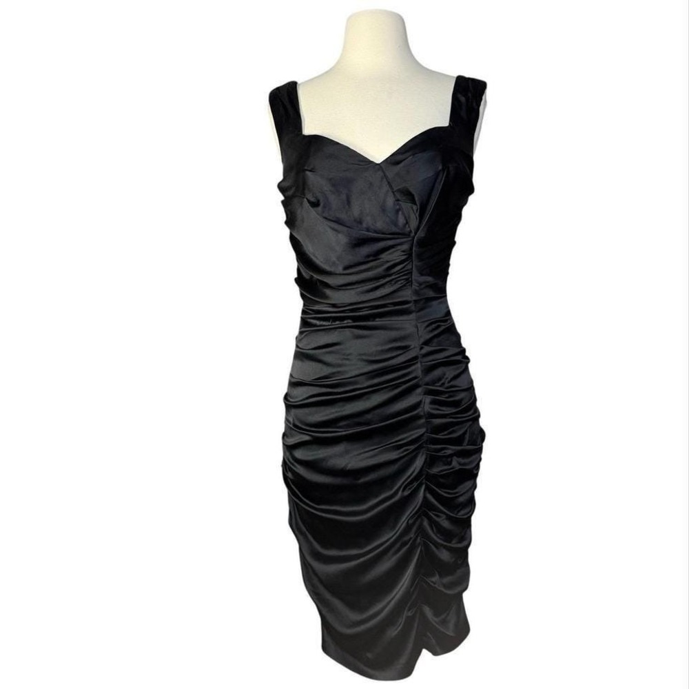 Vintage Cache Black Silk stretch crepe Asymmetrical Ruched Bodycon Dress Size 8